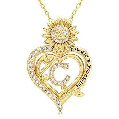 14K Gold Sunflower Initial Necklaces for Women | Heart Letter Pendant You Are My Sunshine Jewelry Gifts - style: C