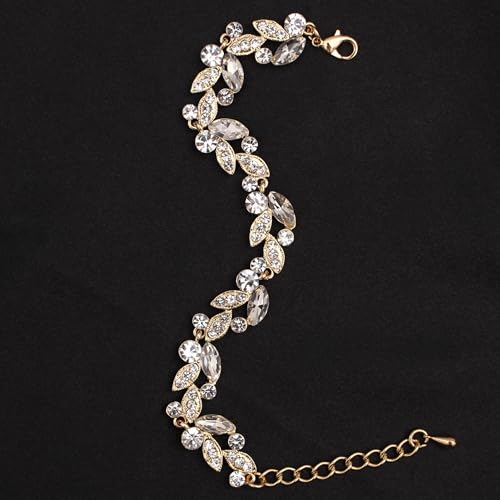 QLLYHLH Woman’s Brides Bridesmaid Leaf Choker Necklace Dangle Earrings Link Bracelet Austrian Crystal Wedding Jewelry Set Prom Costume Party Events | Brides, Bridesmaid, Prom, Events, Costume Party, Leaf - color: White-Gold Plated