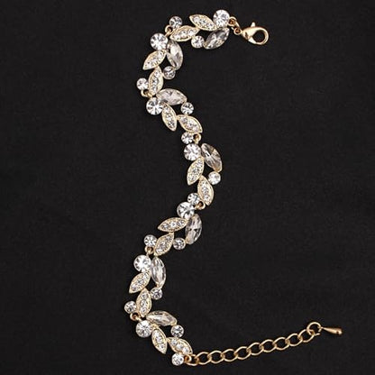 QLLYHLH Woman’s Brides Bridesmaid Leaf Choker Necklace Dangle Earrings Link Bracelet Austrian Crystal Wedding Jewelry Set Prom Costume Party Events | Brides, Bridesmaid, Prom, Events, Costume Party, Leaf - color: White-Gold Plated