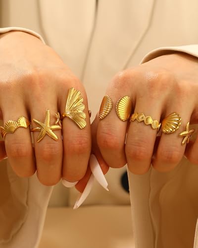 Chunky Gold Shell Starfish Ring Set for Women Trendy Gold Flower Scallop Seashell Starfish Gemstone Rings Adjustable Stacking Statement R-ings Non Tarnish Spring Summer Jewelry Accessories - color: A5:6 pcs