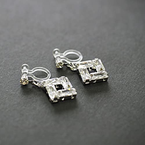Drop Cubic Zirconia Invisible Clip On Earrings for Women Not Pierced Gold Teardrop Sqaure CZ Crystal Dangle Gold Silver Comfortable Clip On Earrings Bridal Wedding Prom - color: Square 2 Silver
