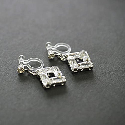 Drop Cubic Zirconia Invisible Clip On Earrings for Women Not Pierced Gold Teardrop Sqaure CZ Crystal Dangle Gold Silver Comfortable Clip On Earrings Bridal Wedding Prom - color: Square 2 Silver