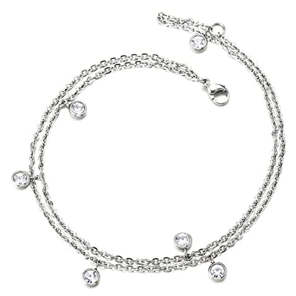 Women's Stainless Steel Double Layer Anklet Bracelet with Crystal Charms, Dainty Chain, Minimalist Summer Beach Jewelry Gift for Her