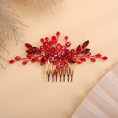 Teyglen Crystal Wedding Hair Comb - Bridal Full Red Rhinestone Side Comb - Dainty Green Blue Black Pieces - Bride Accessories for Women Girl (Red) - color: Red