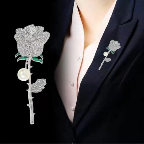 Anmpab Sparkling Rose Flower Brooch with Rhinestone Luxury Crystal Floral Pearl Pin for Women Wedding Bridal Jewelry for Blazer Dress Scarf Hat - color: Silver