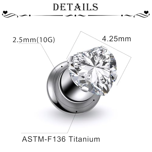 Astm F136 Titanium Heart CZ Ear Gauges Screw Fit Flesh Tunnels Plugs Gauges Earring Expander Stretcher Ear Tunnels For Ears 10G 8G 6G 4G 2G 0G 00G Plug Earrings Piercing Jewelry For Women Men - color: 10G Gauges