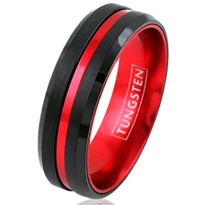 Personalized Engraved 6mm/8mm Black Tungsten Carbide Band Ring w/Fire Engine Red Stripe & Red Anodized Aluminum Inner Band feat. Comfort Fit.