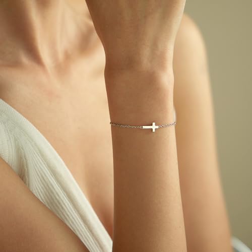 18K Gold Plated Pearl Beaded Cross Bracelets for Women Adjustable Stainless Steel Dainty Thin Gold Box Cuban Twisted Link Chain Bracelet Bridesmaid Jewelry Gifts - color: Tiny Cross-White Gold