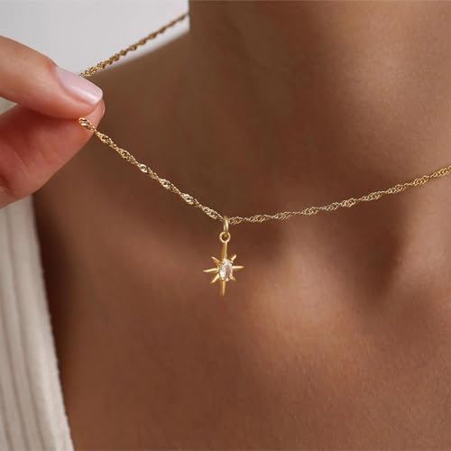 Gold Necklace for Women, Dainty 14K Gold Plated Pendant Necklaces for Women Trendy Simple Choker Chain Cubic Zirconia Circle/Interlocking/Sun/Pearl Necklace Fashion Jewelry Charm Gifts - color: Eight-pointed Star Pendant