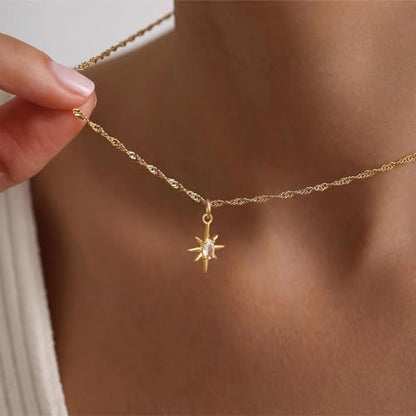 Gold Necklace for Women, Dainty 14K Gold Plated Pendant Necklaces for Women Trendy Simple Choker Chain Cubic Zirconia Circle/Interlocking/Sun/Pearl Necklace Fashion Jewelry Charm Gifts - color: Eight-pointed Star Pendant