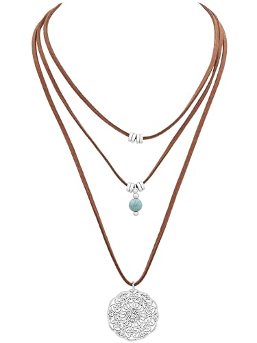 MINACHI Bohemian Retro Style Multi Layer Necklace, Green Crystal Sun and Floral Pendant, Ethnic Jewelry for Women - style: Necklace 7L-UJ7U