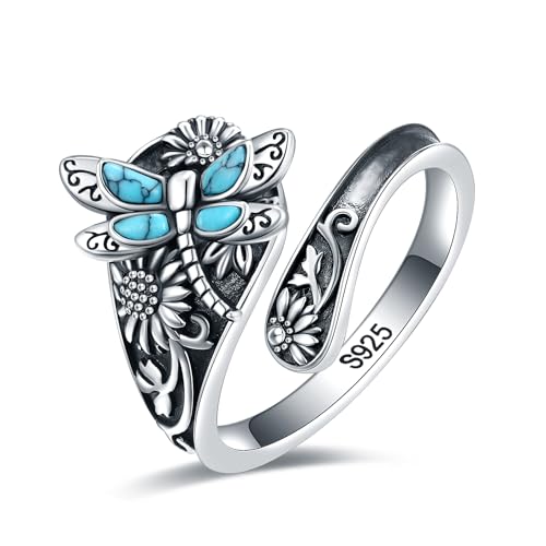 S925-Sterling-Silver Abalone Dragonfly-Turquoise Spoon Ring - Vintage Boho Sunflower Thumb Oxidized Wrap Rings Victorian Style Antique Floral Jewelry Gifts for Women - color: Dragonfly Ring 6#7#8#