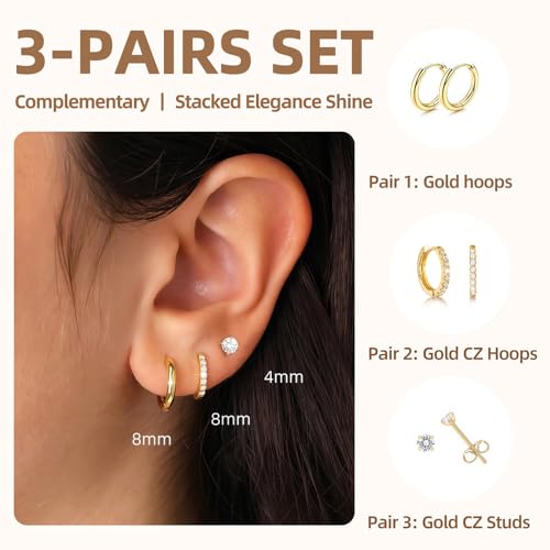 Small Gold Hoop Earrings Set for Women: Diamond-Shine Cubic Zirconia Stud Earrings - 14K Gold Plated Hypoallergenic Non-Tarnish, Stack Mini Cute Trendy Statement Earrings Gift (3 Pairs) - color: 3 Pairs/Gold/Small