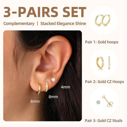 Small Gold Hoop Earrings Set for Women: Diamond-Shine Cubic Zirconia Stud Earrings - 14K Gold Plated Hypoallergenic Non-Tarnish, Stack Mini Cute Trendy Statement Earrings Gift (3 Pairs) - color: 3 Pairs/Gold/Small