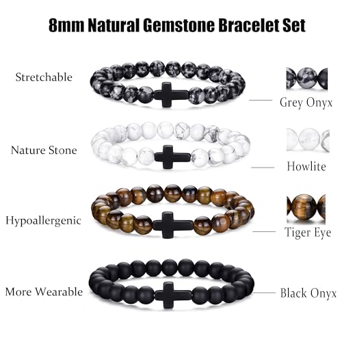 RANKEEF Tiger Eye Bracelet For Men 8MM Natural Stone Stretch Adjustable Black Crystal Beaded Bracelet for Men Women Gifts - color: 4,cross bracelet-A