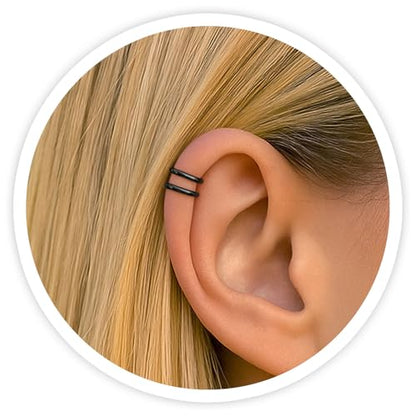 Fake Double Hoop Helix Piercing Ear Cuff - 14K Gold Filled, 925 Sterling Silver, Black Silver Ear Cuffs - Faux Helix Hoop Earring - Clip On Fake Piercing Jewelry - Ear Cuffs Non Piercing - color: Black Silver