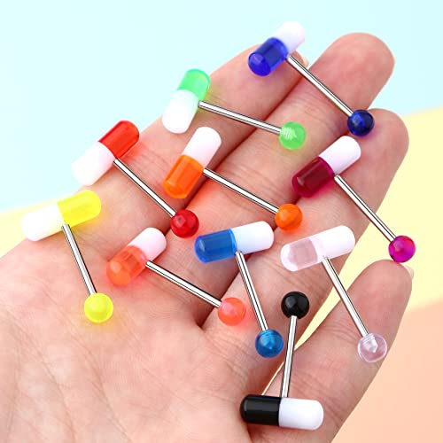 Melighting 10Pcs Pill Tongue Ring Barbell 14G Surgical Steel Tongue Rings with Mix-Color Uv Shaped Tongue Piercings Tongue Ring with Ball Piercing Jewelry for Women Men Set 16mm