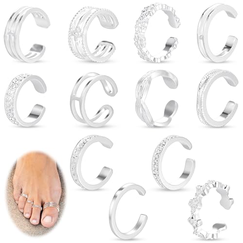 Tyqour 12PCS Gold Toe Rings Adjustable Toe Rings for Women Summer Toe Rings Set, Simple Style Beach Foot Jewelry Set - color: Silver