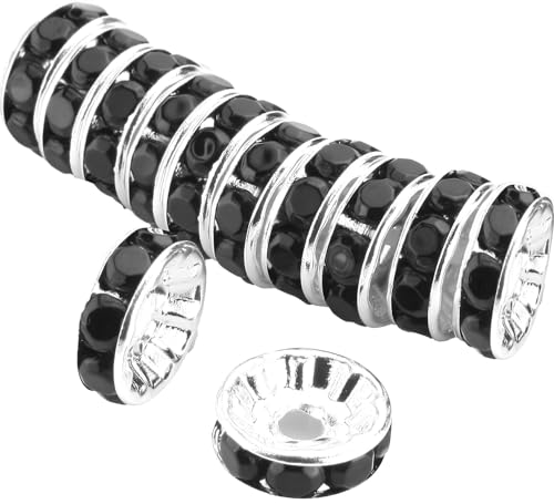 Allb 100Pcs Rondelle Spacer Beads 10mm Silver Plated Czech Crystal Rhinestone for Jewelry Making Loose Beads for Bracelets, black - color: black, size: 10mm