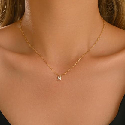 Small Letter Necklace for Women 18K Gold Plated Cubic Zirconia Tiny Initial Necklace Dainty Personalized Name Necklaces - color: M-Gold