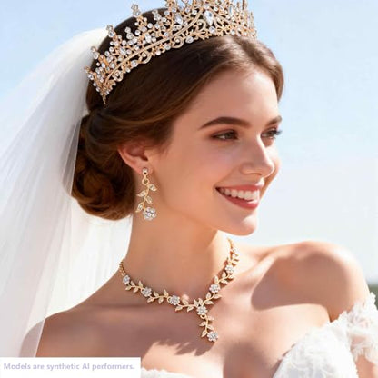 Kamirola Tiaras and Crowns for Women,Tiaras Earrings Necklace, Crystal Bridal Jewelry Set (TR48) - color: Gold White