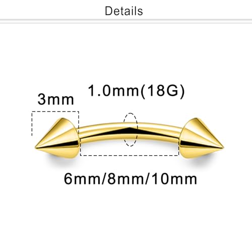 Eyebrow Piercing Jewelry Internally Threaded Surgical Steel Curved Barbell Tiny Eyebrow Ring Vertical Labret Lip Jewelry Ear Rook Navel Small Belly Button Ring for Women Men 18g 16g 14g - color: goldrtone,18g