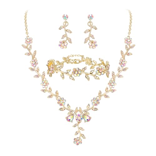 BriLove Women's Wedding Jewelry Set for Bride,Prom Bridal Accessories | Bling Crystal,Flower Leaf Cluster,Dangle Earrings Pendant Necklace Set,for Bridesmaid,Party Jewellery - color: 3Pcs-Iridescent AB Gold-Plated-Base