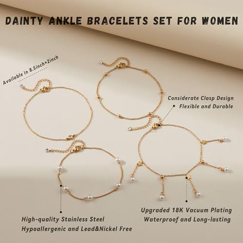 LOFITOR Anklets for Women Ankle Bracelet Charm Link Chain Set Foot | Waterproof Dainty Cz Evil Eye Beaded Anklets Adjustable Beach Foot Jewelry Feet Chains, Summer Beach Foot Jewelry Gifts - style: Pearl Gold