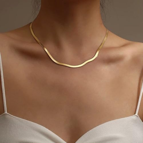 14K Gold Plated Chain Necklace for Women Trendy - 925 Sterling Silver Clasp | Waterproof Dainty Choker Necklace, 14/16/18/20 inch Thin Simple Box Figaro Chain Herringbone Necklace Jewelry for Women Men - color: Herringbone 3mm