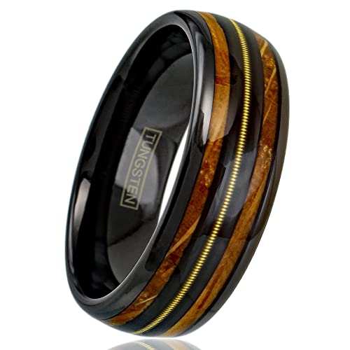 Personalized Engraved 8mm Piano Black Tungsten Carbide Low Dome Band Ring with Genuine Guitar String on Black Between Whiskey Barrel Oak Wood Inlays.