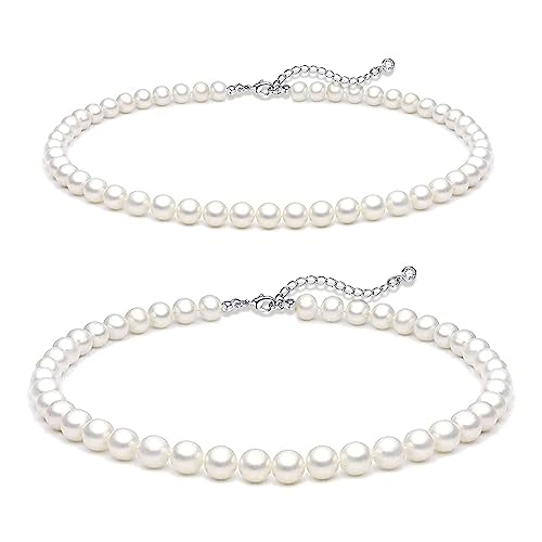 Zeffy Pearl Necklace 4MM/6MM/8MM Dainty Round Imitation Pearl Choker Necklace Wedding Pearl Necklace Delicate Jewelry for Women Simple Bridesmaid Jewelry Gifts - style: 6mm+8mm Silver Pearl Necklace(14"+2")