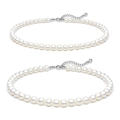 Zeffy Pearl Necklace 4MM/6MM/8MM Dainty Round Imitation Pearl Choker Necklace Wedding Pearl Necklace Delicate Jewelry for Women Simple Bridesmaid Jewelry Gifts - style: 6mm+8mm Silver Pearl Necklace(14"+2")