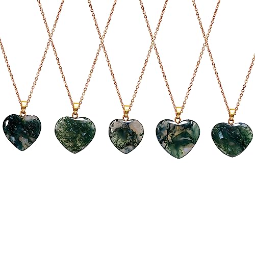 AURA GEMS Moss Agate Cabochon Heart Shape Pendant Necklace, Natural Gemstone, Women Jewelry, Energy Healing Crystals, Calm Chakra, Birthstone, Gift for Women, Gold Plated Jewelry 18 inch, AA+ Quality