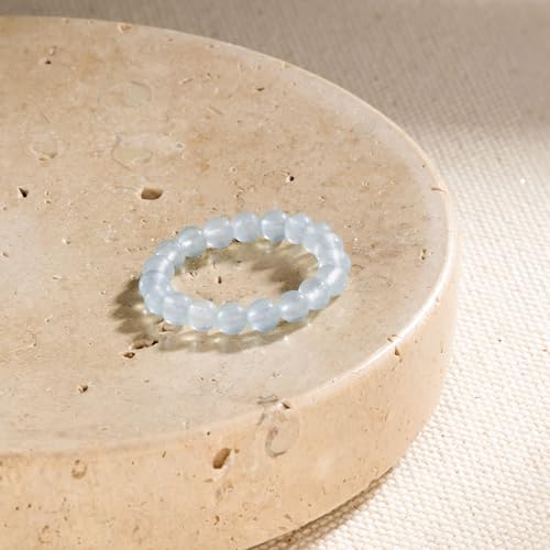 NLIEO Handmade Natural Gemstone Crystal Beaded Stretch Band Ring for Women | Handmade, 3mm Natural Stone, Size 7-12, Stretchy, Beaded Jewelry, Green Bead Rings, Trendy Jewelry Gift - style: Aquamarine