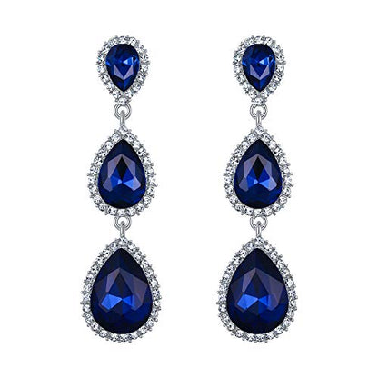 EleQueen Women's Crystal Teardrop Pear Shape 2.5 Inch Long Earrings | Dangle Earrings for Women, TearDrop Crystals Earrings for Bride Bridesmaid, Prom Jewelry for Wedding - color: 04-Royal Blue