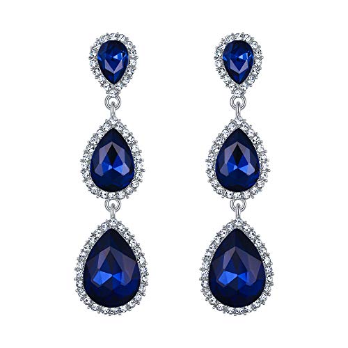 EleQueen Women's Crystal Teardrop Pear Shape 2.5 Inch Long Earrings | Dangle Earrings for Women, TearDrop Crystals Earrings for Bride Bridesmaid, Prom Jewelry for Wedding - color: 04-Royal Blue