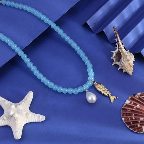 Fish Shell Necklace for Women, Beaded Necklaces Boho Statement Necklace, Pearl Necklaces Summer Beach Vacation Dress & Costume Jewelry - color: Ocean Blue-fish