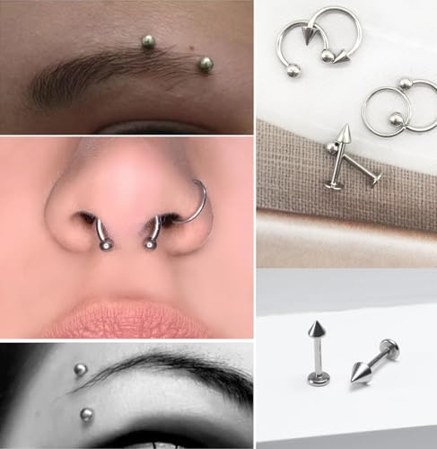 40Pcs 16G Lip Rings Stainless Steel Horseshoe Labret Monroe Lip Barbell Eyebrow Nose Ring Medusa Piercing Jewelry for Women Men - color: silver