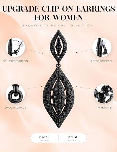 THUNARAZ Clip on Earrings for Women Non Pierced Glitter Rhinestone Crystal | Clip-On Earrings, Wedding Bridal Earrings, Non Pierced Ears, Dangle Earrings, Fake Earrings, Fashion Jewelry - color: Black