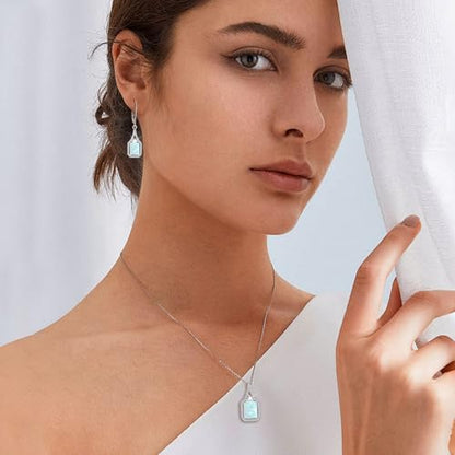 Created Gemstone Necklace 925 Sterling Silver Halo Rectangular Pendant Birthstone Necklaces Jewelry Gifts for Women - color: 10 October - White Opal