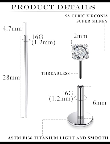 20G 18G 16G F136 Titanium Threadless Flat Back Earrings Nose Studs Tragus Forward Helix Conch Cartilage Lobe Earrings Medusa Labret Snake Bite Monroe Lip Ring Piercing Jewelry For Women Men - size: 16G-6MM Bar-CZ 2MM