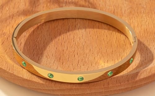Gold Plated Stainless Steel Bangle Bracelet for Women Green Crystals Cuff | Minimalist Stacking Wristband Gift for Everyday and Formal Dress Wear