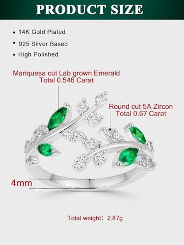 Silver Leaf Ring for Women 925 Sterling Silver Yellow Gold Plated CZ Inlaid Marquise Sapphire/Ruby/Emerald Cocktail Rings Size 6 to 10 - color: Emerald - Silver