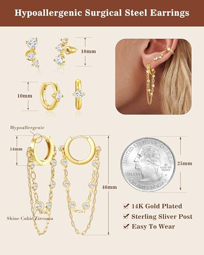 Tassel Chain Small Gold Hoop Dangle Earring For Women Huggie Earring Heart Star CZ 14K Gold Plated Fashion Jewelry Graduation Gift for Her Mothers Day Gifts for Mom - color: Gold-3 Pairs A