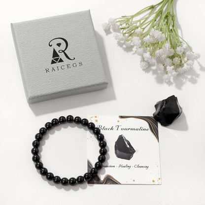 Raicegs 4 6 8MM Beaded Bracelets Healing Crystal Bracelet for Women Men Natural Stone Handmade Stretch Bracelet Reiki Spiritual Jewelry - color: Black Tourmaline, size: 8mm