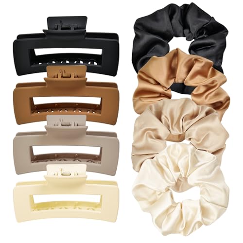8pcs Hair Clips and Scrunchies Set - 4 Medium Claw Clips for Women, Non-Slip Matte Hair Claws, 4 Large Satin Scrunchies, Hair Accessories Set for Thick Thin Hair, Neutral Color, Daily Use - color: Neutral Tones Set
