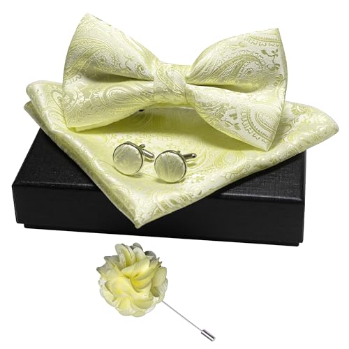 JEMYGINS Mens Paisley Bow Tie and Lapel Pin Necktie Pocket Square and Tie Clip with Sets for Business Casual 4PCS - color: Light Yellow