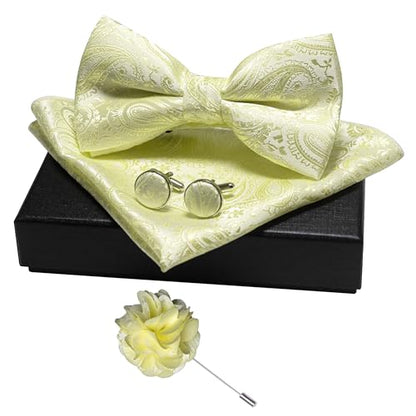 JEMYGINS Mens Paisley Bow Tie and Lapel Pin Necktie Pocket Square and Tie Clip with Sets for Business Casual 4PCS - color: Light Yellow