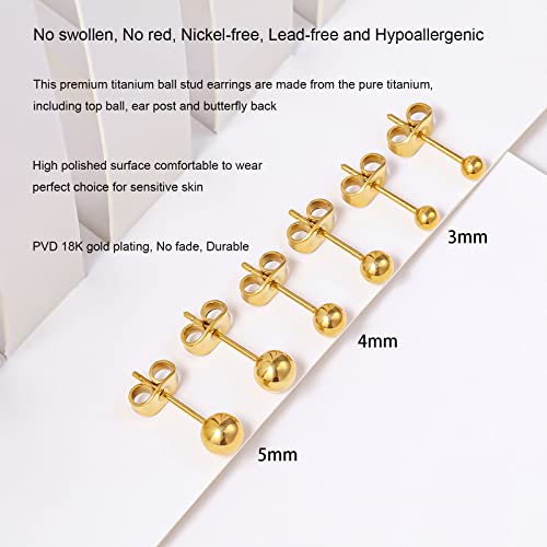 Titanium Ball Earrings Hypoallergenic Studs for Women Men Sensitive Ears Black 3mm 4mm 5mm Titanium Backs - style: 3 pairs PVD gold