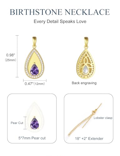 Birthstone Pendant Necklaces for Women 925 Sterling Silver Teardrop Pendant Necklace Birthday Jewelry Gift, 18"+2" Inches - color: 02 - Amethyst